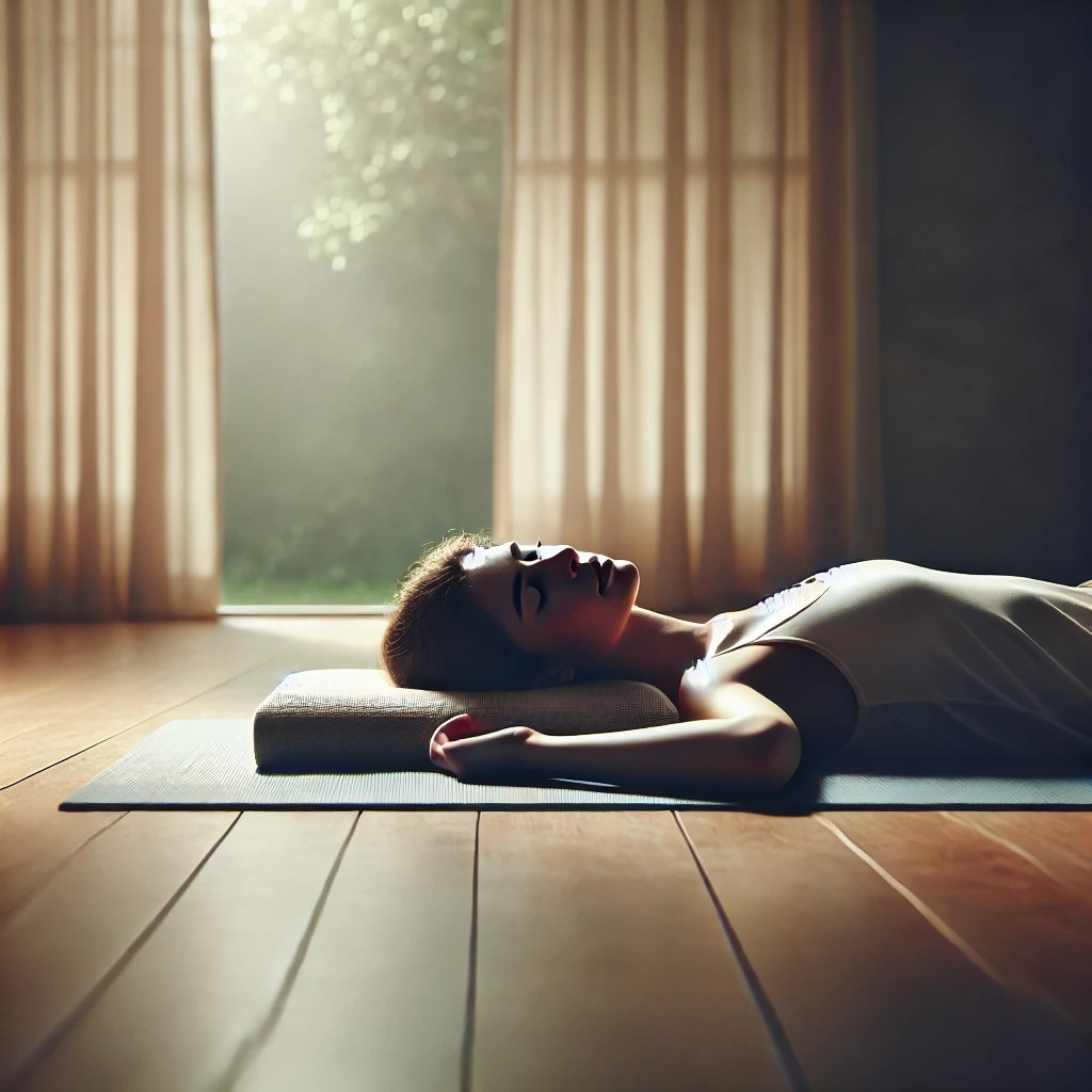 A woman lying face up on a yoga mat in a serene, softly lit yoga studio, symbolizing the restful and healing nature of Yoga Nidra for managing ME/CFS chronic fatigue.