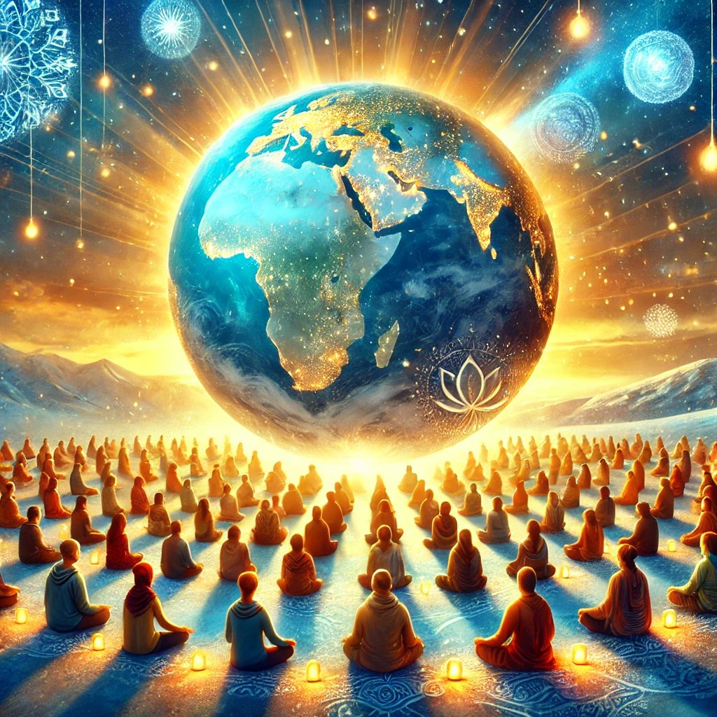 A large group of people meditating under a glowing Earth, symbolizing global unity, peace, and spiritual connection, surrounded by celestial and cosmic patterns.
