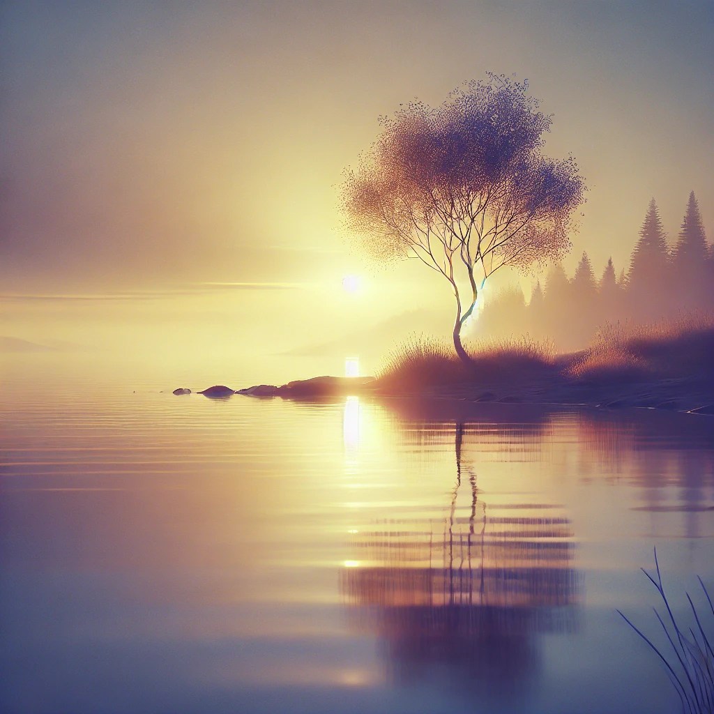 A tranquil sunset over calm waters with a solitary tree, symbolizing peace, rest, and resilience in the journey of managing post-exertional malaise and ME/CFS.