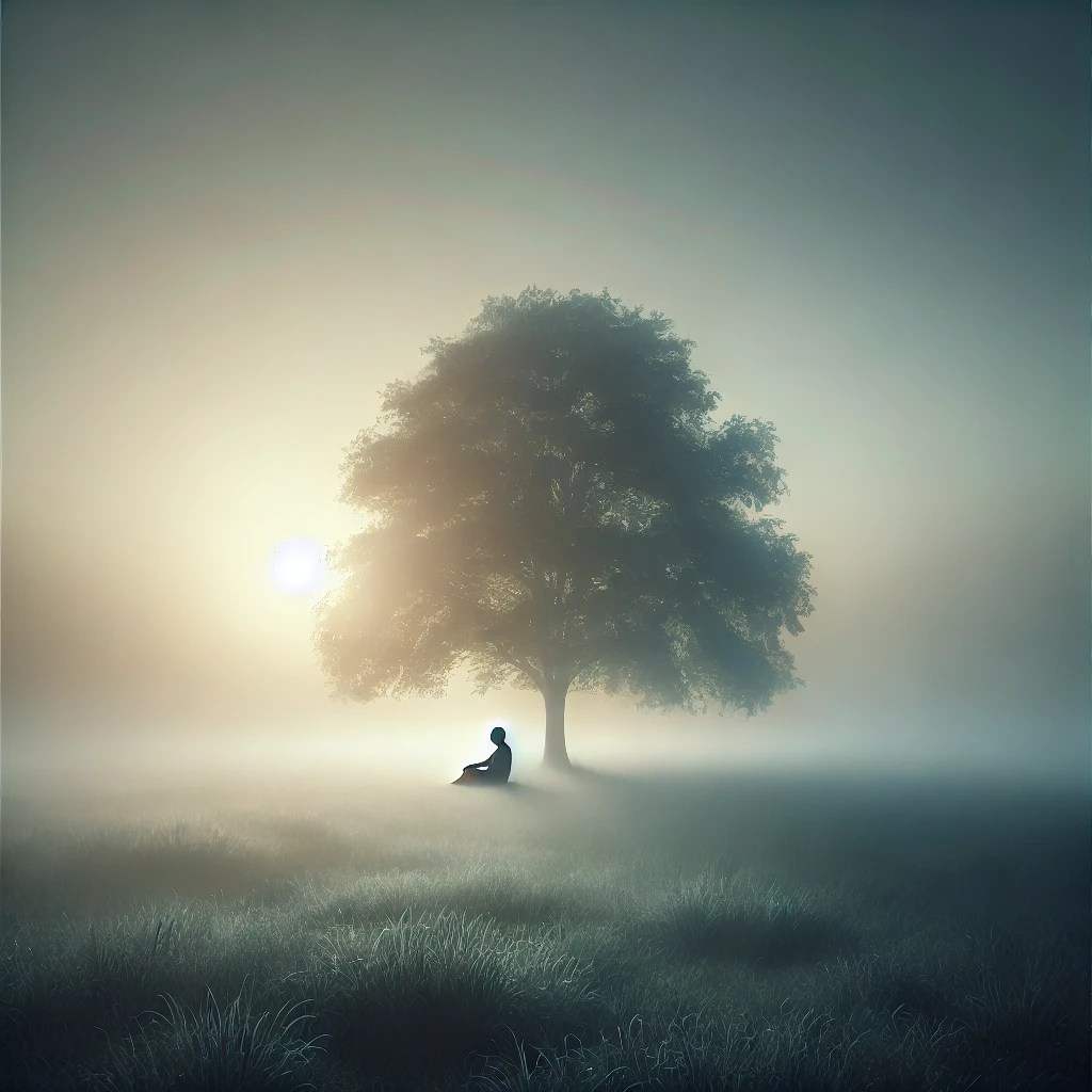 A calm, misty morning landscape with a single tree in an open field, illuminated by soft dawn light, evoking peace and the simplicity of stillness.
