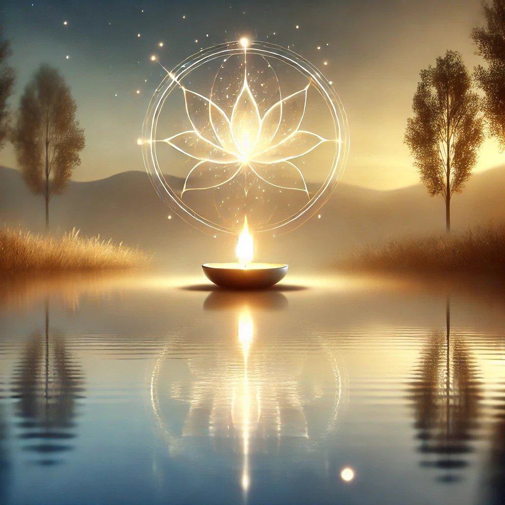 Radiant light floating above a calm, reflective pond at dusk, surrounded by trees with a soft twilight sky, symbolizing inner peace and transformation.