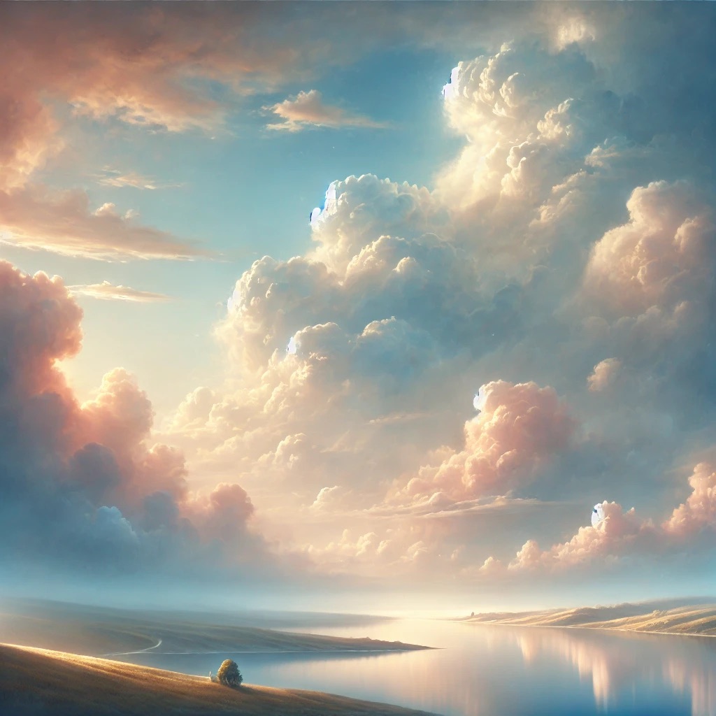 An expansive sky with soft clouds above a calm, reflective landscape. The scene is bathed in warm, soothing colors of blue, pink, and golden sunlight, symbolizing tranquility and inner peace.