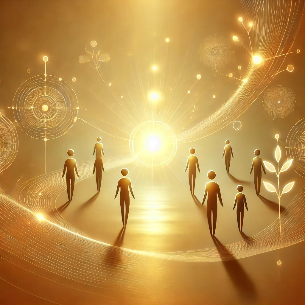 A group of abstract figures moving toward a bright, central light, symbolizing spiritual growth, unity, and enlightenment, with organic and cosmic patterns in the background.