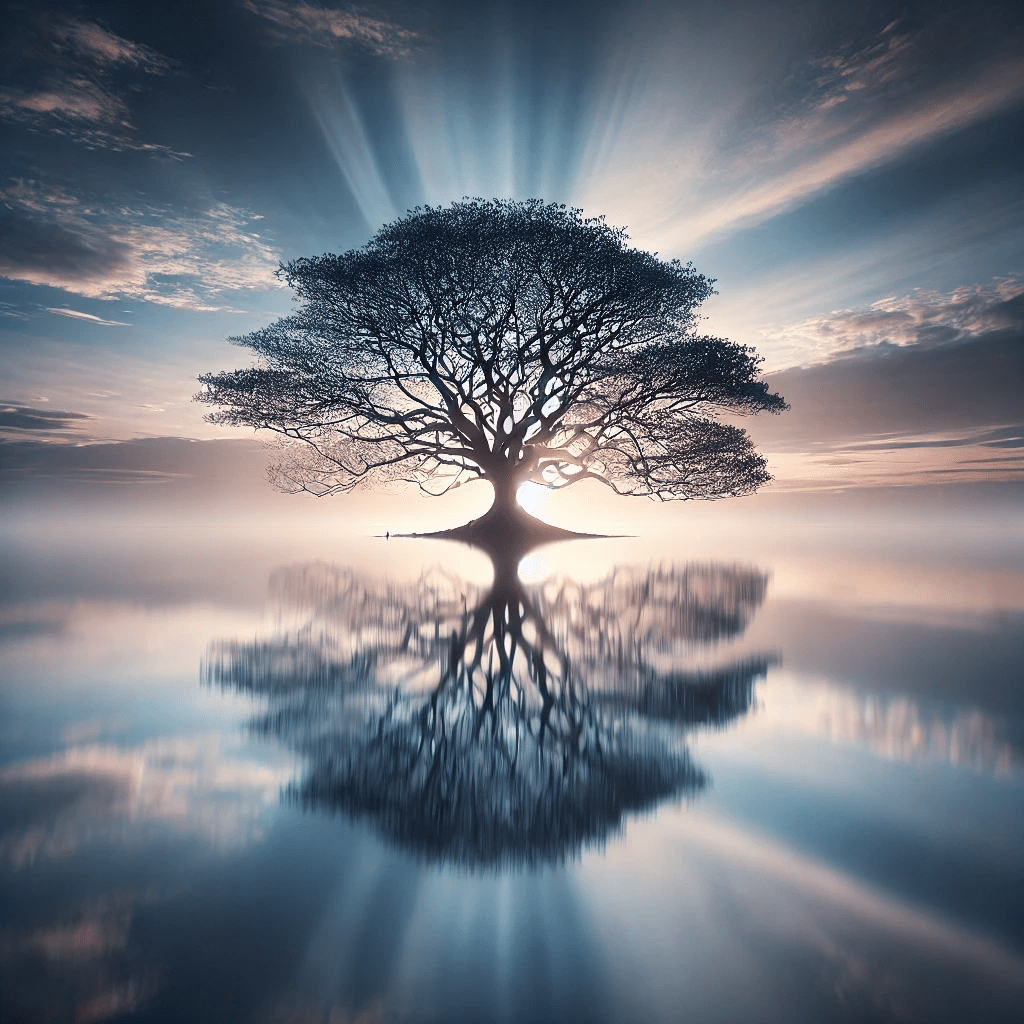 A serene dawn landscape with a solitary tree by a calm lake, reflecting an expansive sky. The scene evokes inner stillness, boundless awareness, and connection to nature.