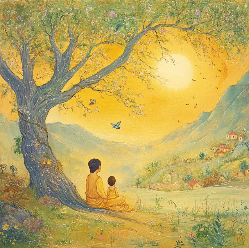 A spiritual teacher and a child sit under a large, blossoming tree, watching birds and the sunrise over a peaceful valley, symbolizing mindfulness, guidance, and tranquility in nature.