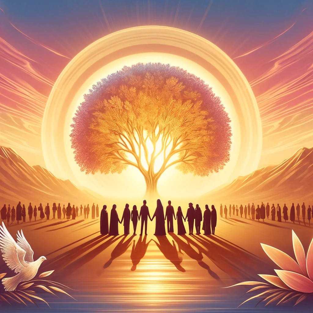 Peaceful scene featuring a radiant sunrise, a heart-shaped tree, and people of diverse cultures standing together, symbolizing unity and compassion.