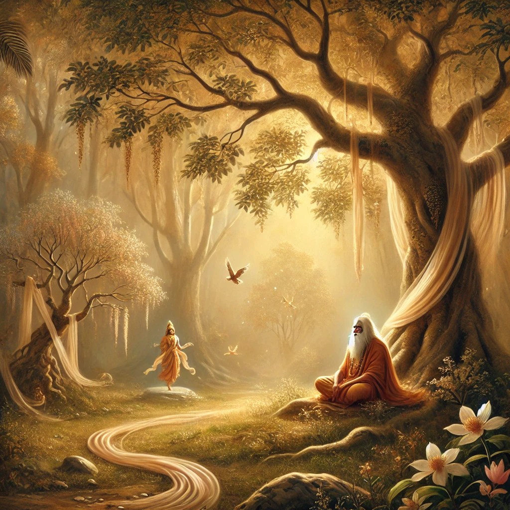 A contemplative sage resembling Valmiki sits under a large tree in a peaceful forest, with soft golden light filtering through, symbolizing transformation and divine insight.