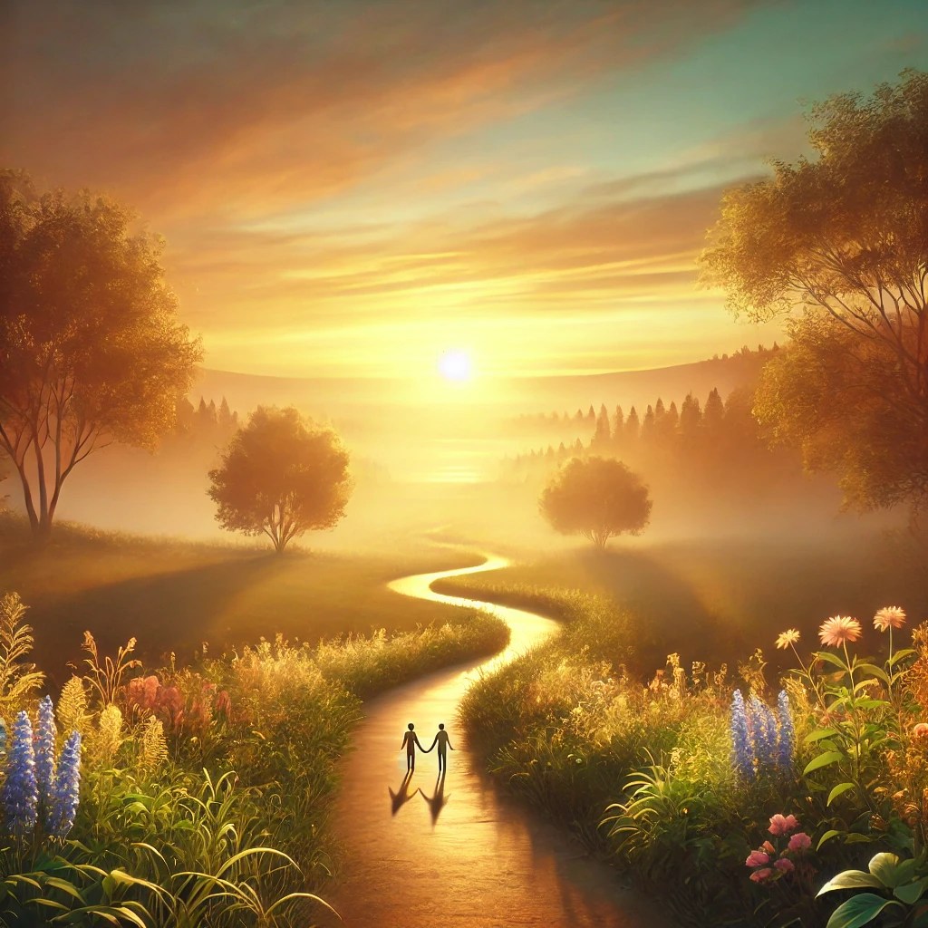 A peaceful sunrise over a landscape with a winding path, lined with trees and wildflowers, evoking harmony, inclusivity, and interfaith unity.