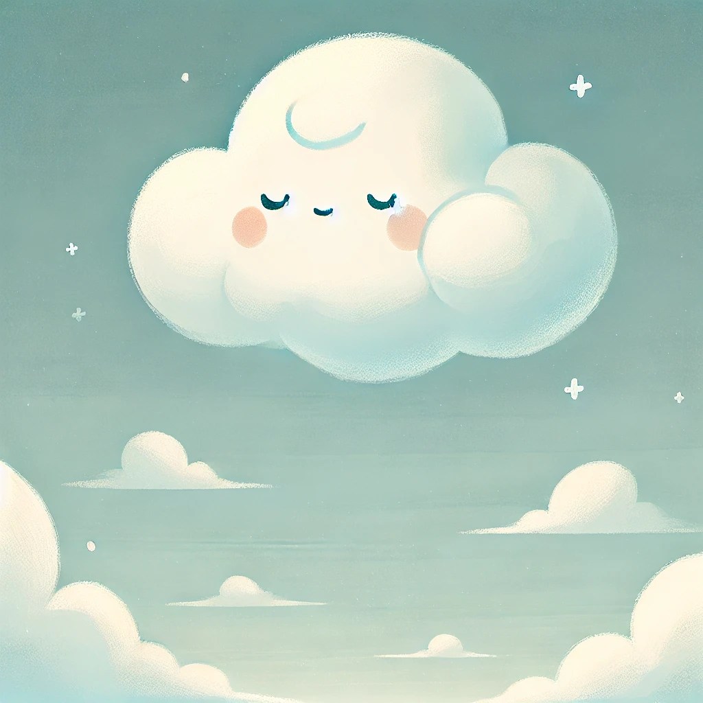 Child-friendly illustration of a little fluffy cloud floating in a peaceful sky, representing the clear mind behind thoughts, inspired by Tibetan Buddhism.