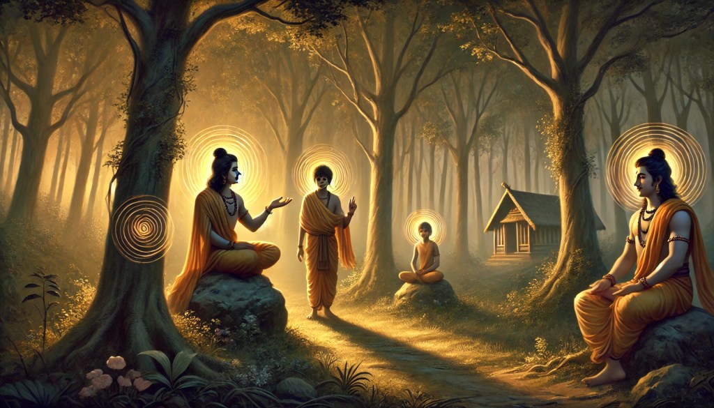 Two young ascetics, Kusha and Lava, recite the Ramayana to Rama in a peaceful forest at dawn, with golden light filtering through the trees. Rama listens calmly, surrounded by a gentle, divine aura.