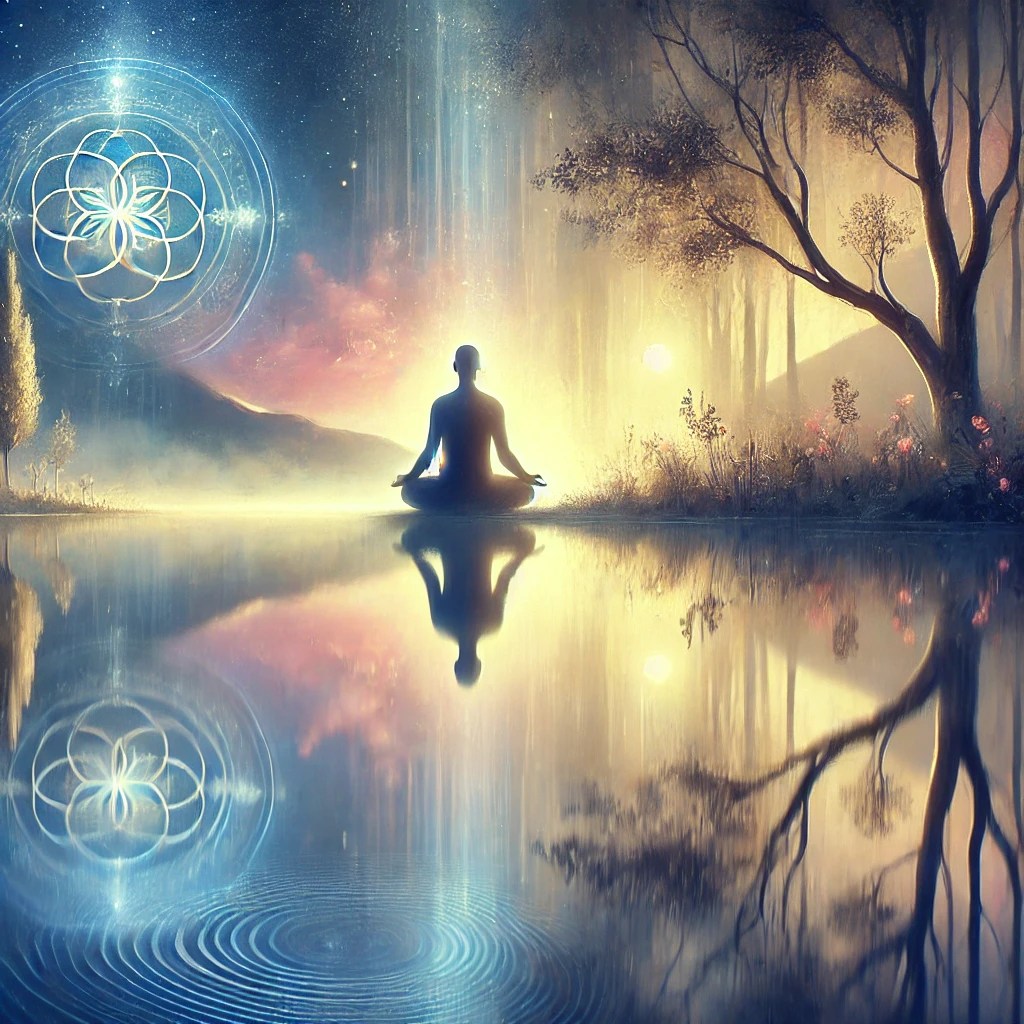 A person sits in quiet meditation by a calm body of water at dawn, with soft reflections symbolizing the spiritual practice of Neti Neti and mirroring the pristine mind.