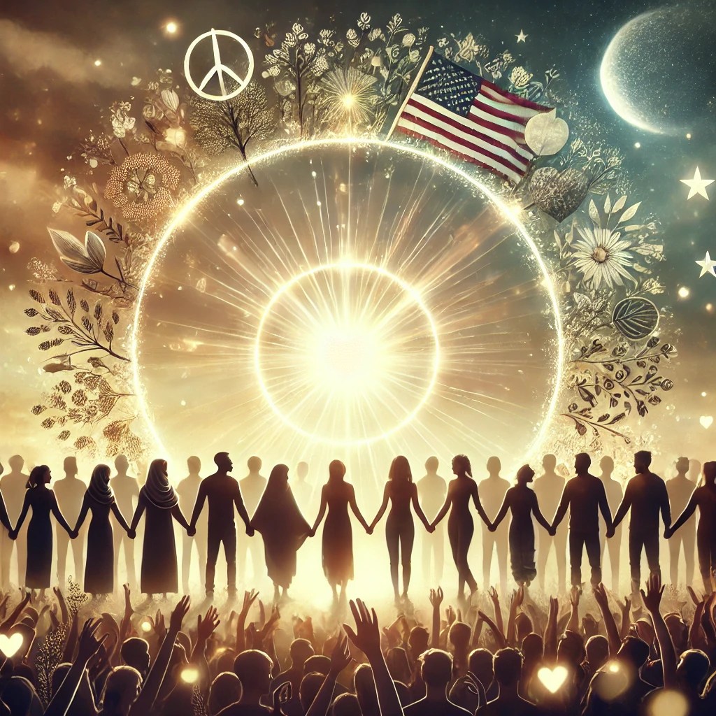 A diverse group of people standing hand in hand in a circle, with a warm, glowing light at the center symbolizing hope and unity. The background features trees and a sunrise, representing growth and new beginnings.