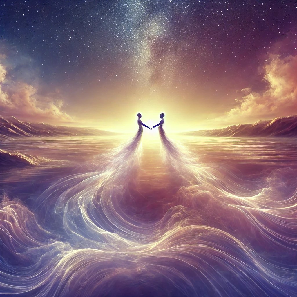Two abstract figures engaged in a celestial dance against a vast, ethereal landscape with golden and lavender hues, symbolizing unity with the Divine.