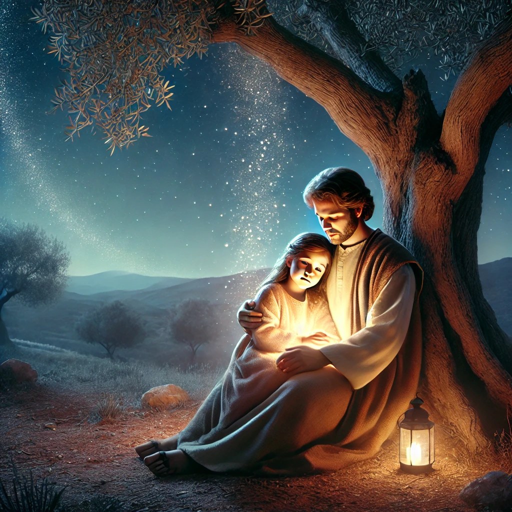 A father sits with his daughter under a large olive tree at night, holding her close and illuminating her with a gentle light, symbolizing the Holy Spirit within.