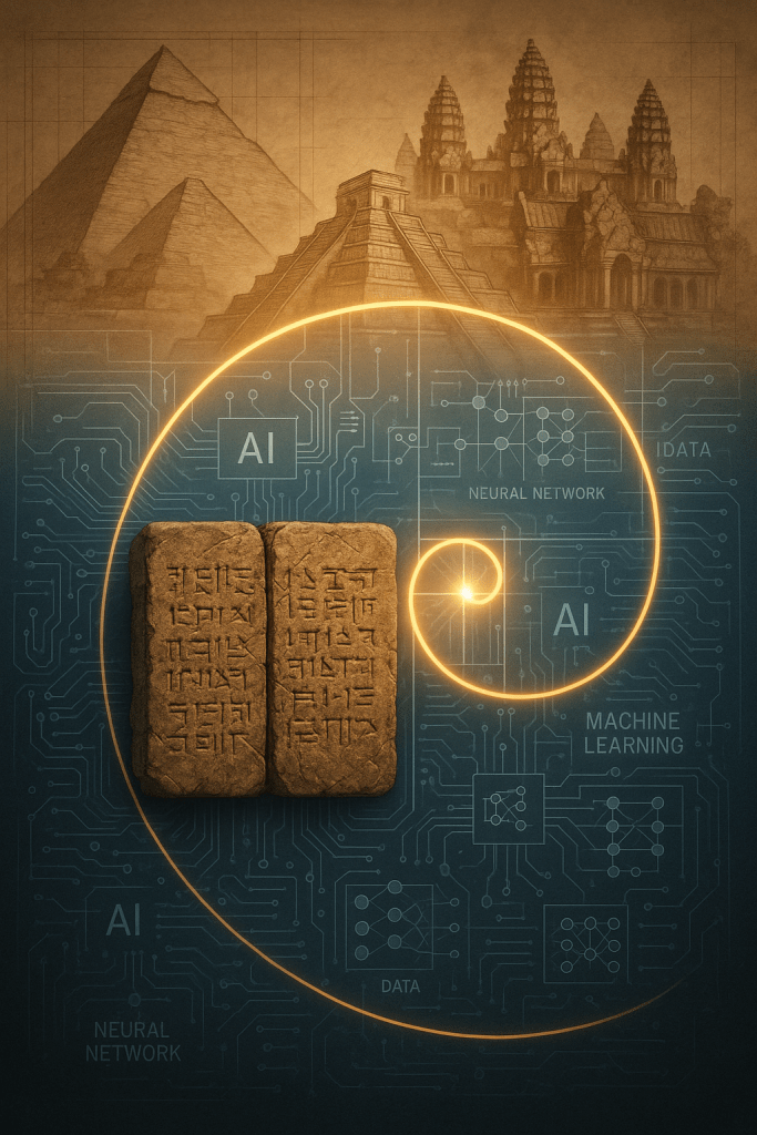 Ancient stone tablets and sacred architecture merging with artificial intelligence circuitry and golden spiral.