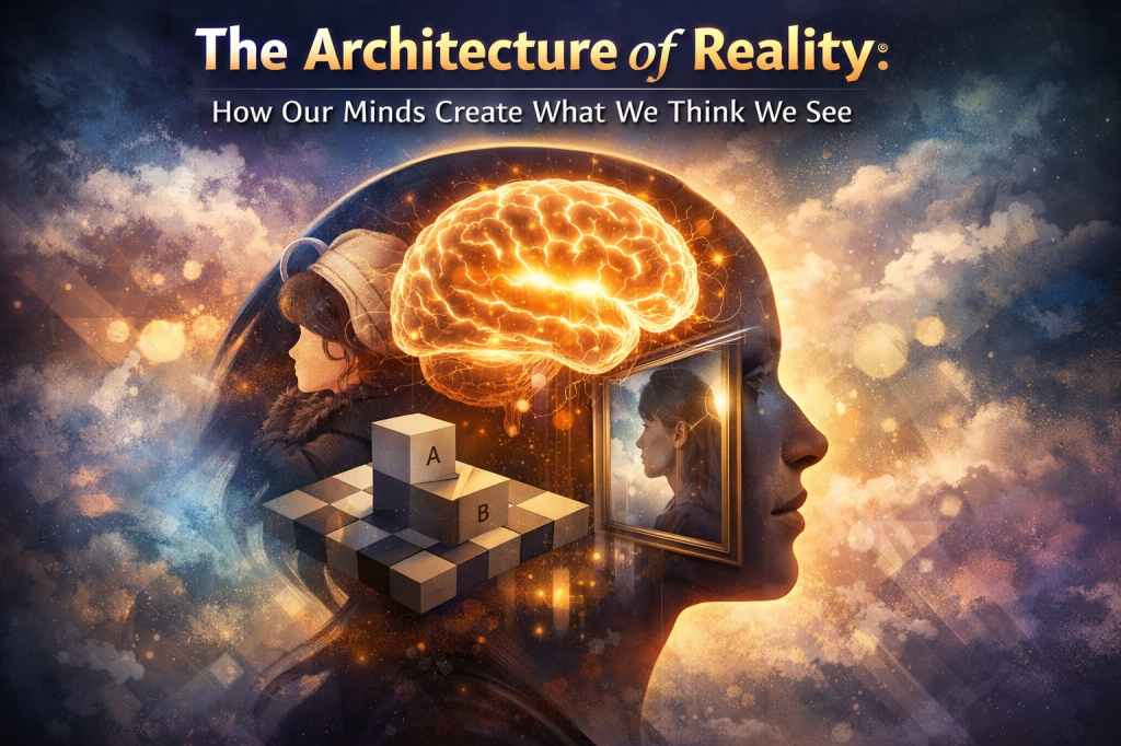 Illustration of a glowing human brain inside a head silhouette, surrounded by optical illusions and a mirror reflection, symbolizing how the mind constructs perception and reality.