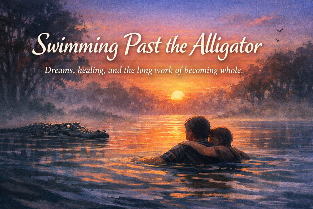 Person swimming calmly past an alligator while protecting a child symbolizing trauma recovery, dream healing, and psychological growth.