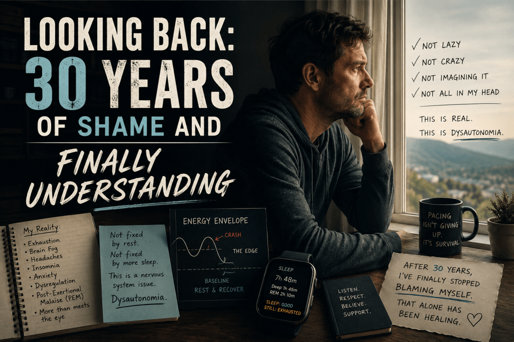 A man sits quietly by a window beside notes about dysautonomia, pacing, and chronic illness, with the title text “Looking Back: 30 Years of Shame and Finally Understanding.”