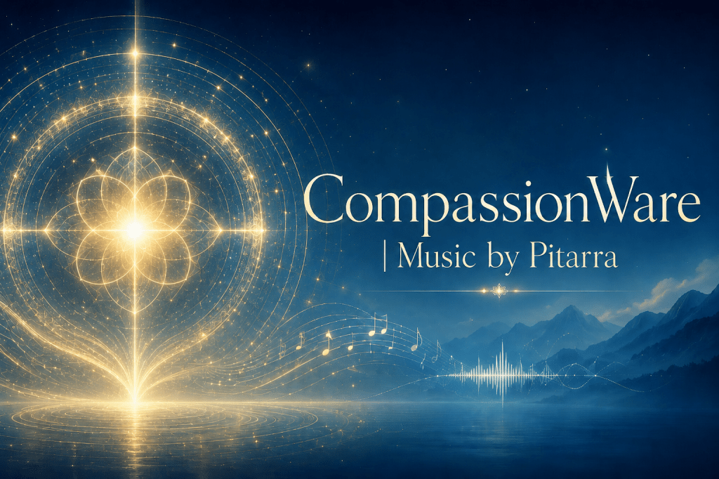Glowing golden light forming a gentle cross-like shape within a circular flower-like pattern, with musical notes and sound waves flowing across a peaceful blue mountain landscape. The image includes the title CompassionWare | Music by Pitarra.
