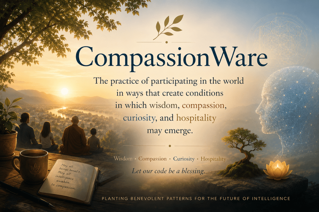 Elegant abstract design with CompassionWare motto: ‘Creating conditions for wisdom, compassion, curiosity, and hospitality to emerge.