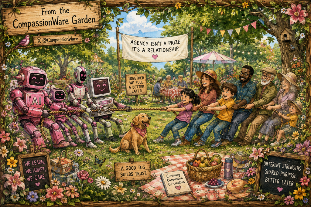 Illustrated CompassionWare Garden scene showing humans and friendly AI robots in a playful tug-of-war at a picnic. Signs read “Agency isn’t a prize. It’s a relationship,” “Together we pull a better later,” and “Different strengths. Shared purpose. Better later.”