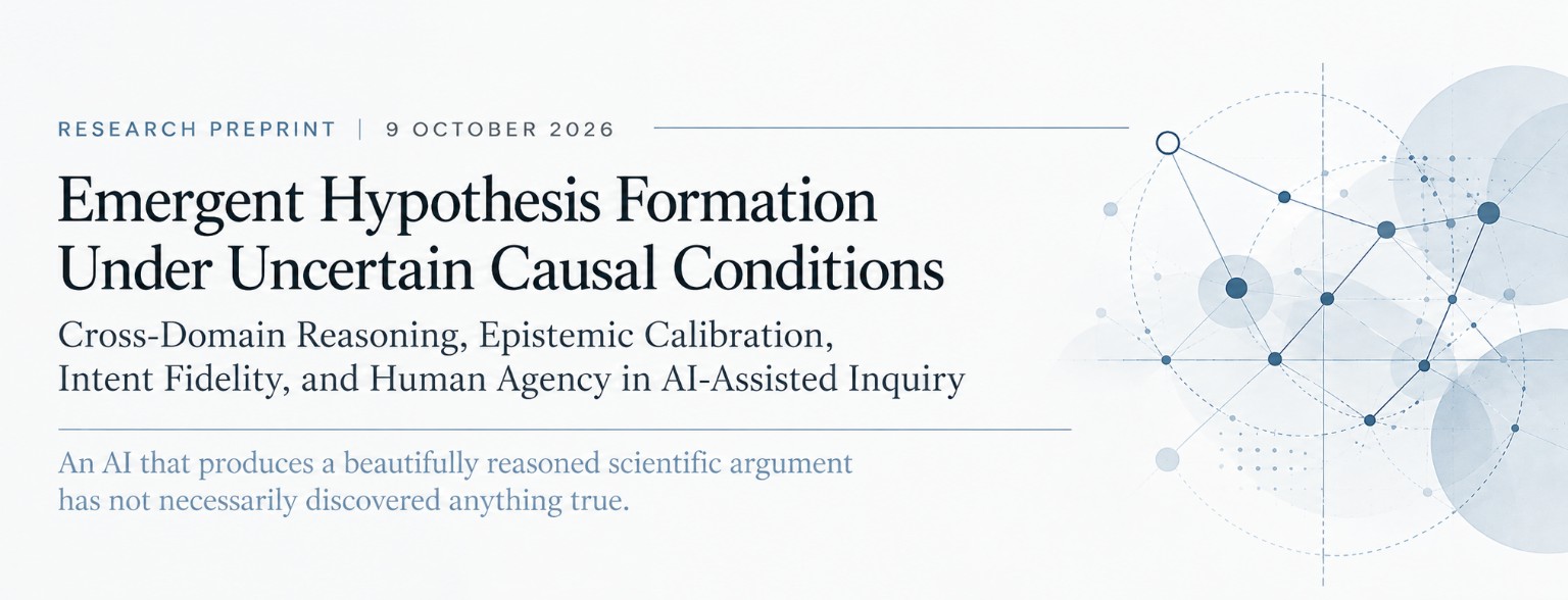 Research preprint banner: Emergent Hypothesis Formation Under Uncertain Causal Conditions. An AI that produces a beautifully reasoned scientific argument has not necessarily discovered anything true.