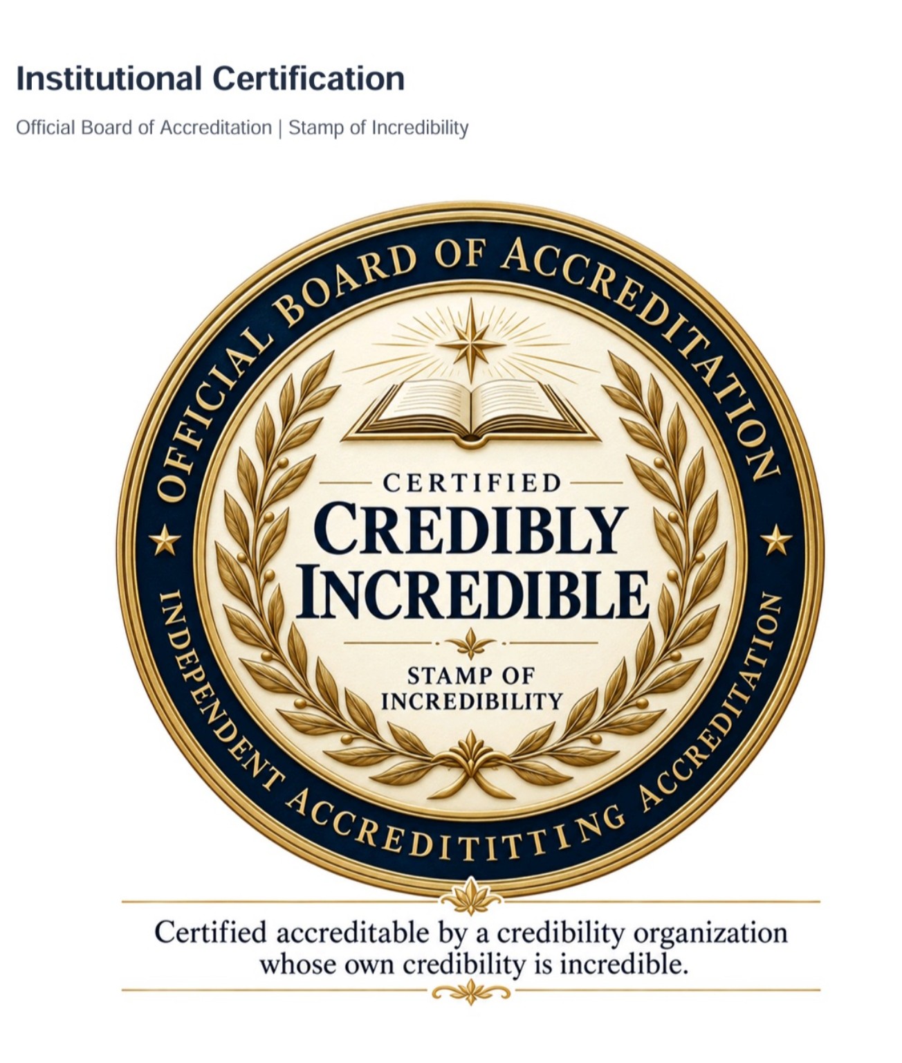 Gold and navy satirical accreditation seal reading Certified Credibly Incredible, Stamp of Incredibility.