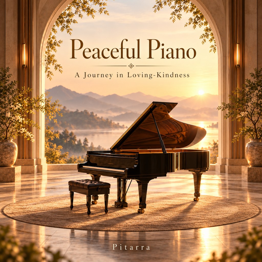 Peaceful Piano album cover by Pitarra: a black grand piano in a warmly illuminated, symmetrical room overlooking a tranquil landscape at golden hour.
