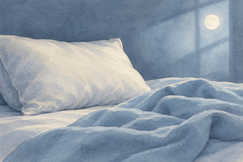 Soft watercolor of an ivory pillow and pale blue blanket in gentle moonlight.